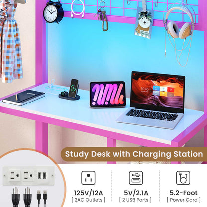 DICTAC | Twin Over Twin Bunk Bed with Study Desk, Storage Drawer, Shelving & Charging Station, LED Metal Frame (White/Black/Pink)