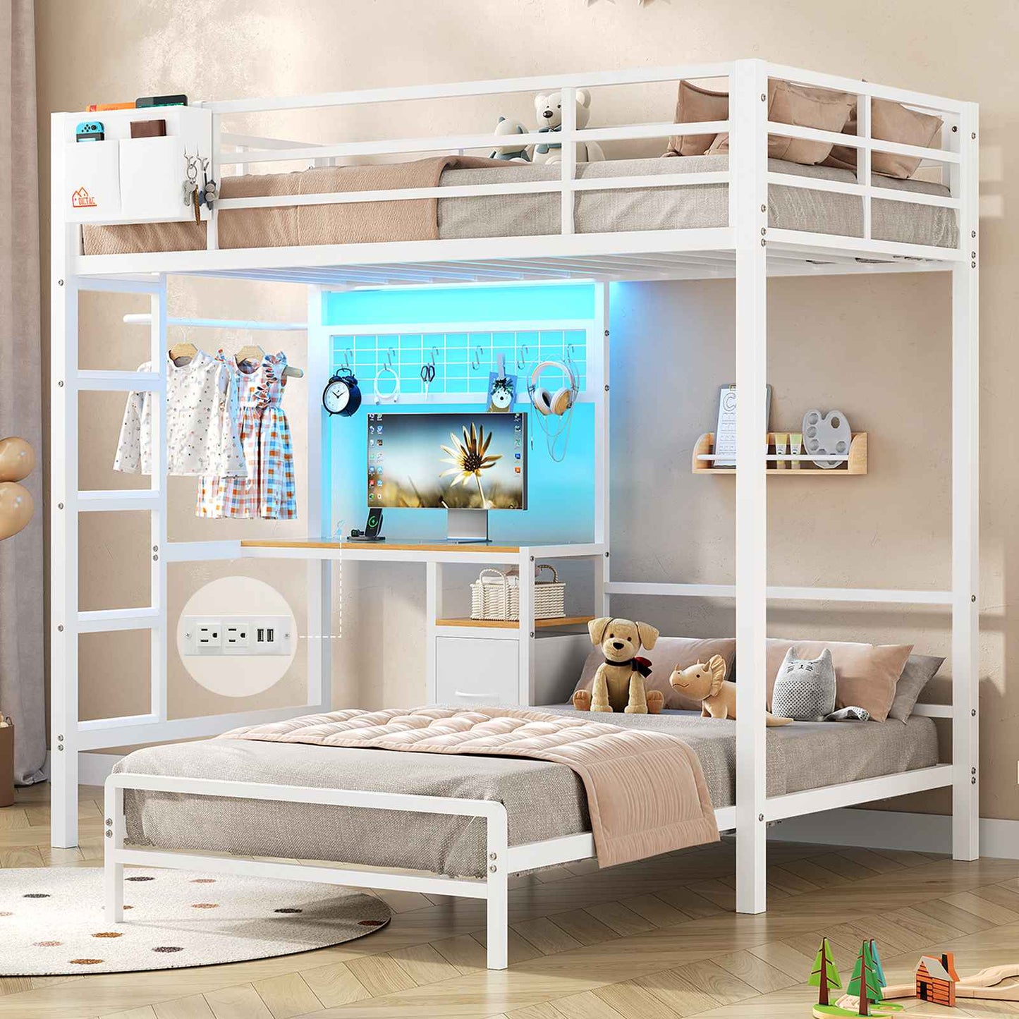 DICTAC | Twin Over Twin Bunk Bed with Study Desk, Storage Drawer, Shelving & Charging Station, LED Metal Frame (White/Black/Pink)