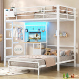 DICTAC | Twin Over Twin Bunk Bed with Study Desk, Storage Drawer, Shelving & Charging Station, LED Metal Frame (White/Black/Pink)