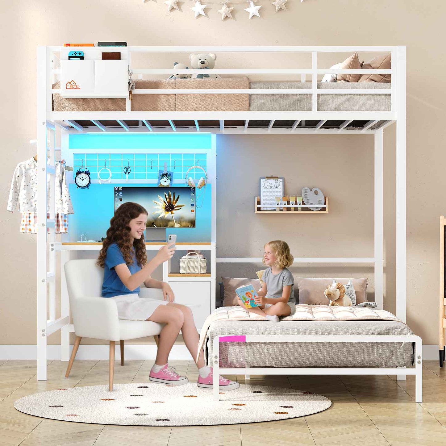 DICTAC | Twin Over Twin Bunk Bed with Study Desk, Storage Drawer, Shelving & Charging Station, LED Metal Frame (White/Black/Pink)