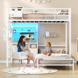 DICTAC | Twin Over Twin Bunk Bed with Study Desk, Storage Drawer, Shelving & Charging Station, LED Metal Frame (White/Black/Pink)