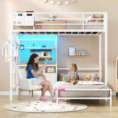 DICTAC | Twin Over Twin Bunk Bed with Study Desk, Storage Drawer, Shelving & Charging Station, LED Metal Frame (White/Black/Pink)