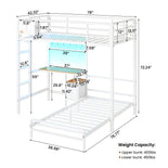 DICTAC | Twin Over Twin Bunk Bed with Study Desk, Storage Drawer, Shelving & Charging Station, LED Metal Frame (White/Black/Pink)