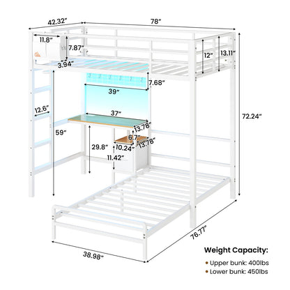 DICTAC | Twin Over Twin Bunk Bed with Study Desk, Storage Drawer, Shelving & Charging Station, LED Metal Frame (White/Black/Pink)
