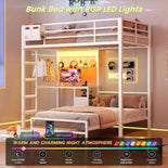 DICTAC | Twin Over Twin Bunk Bed with Study Desk, Storage Drawer, Shelving & Charging Station, LED Metal Frame (White/Black/Pink)