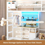 DICTAC | Twin Over Twin Bunk Bed with Study Desk, Storage Drawer, Shelving & Charging Station, LED Metal Frame (White/Black/Pink)