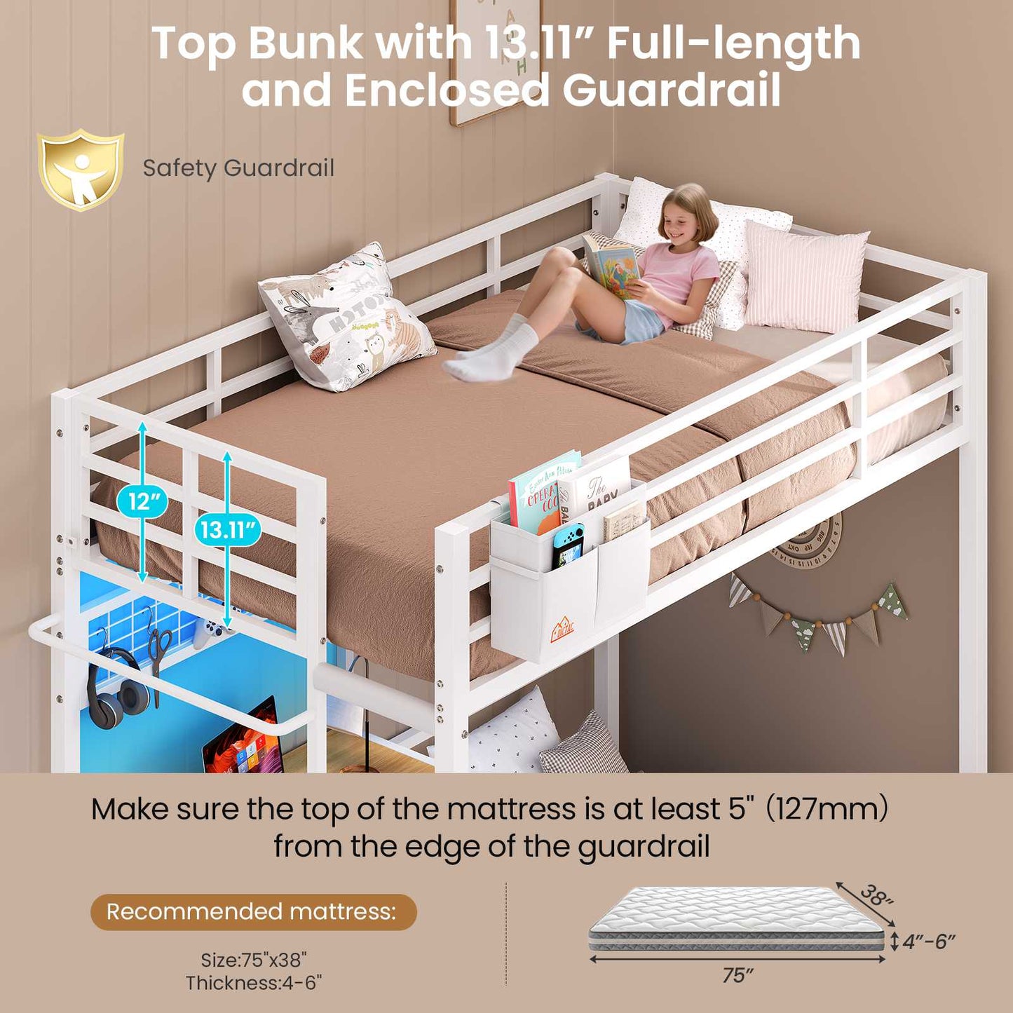 DICTAC | Twin Over Twin Bunk Bed with Study Desk, Storage Drawer, Shelving & Charging Station, LED Metal Frame (White/Black/Pink)