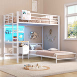 DICTAC | Twin Over Twin Bunk Bed with Study Desk, Storage Drawer, Shelving & Charging Station, LED Metal Frame (White/Black/Pink)