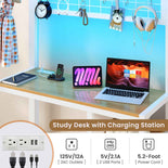DICTAC | Twin Over Twin Bunk Bed with Study Desk, Storage Drawer, Shelving & Charging Station, LED Metal Frame (White/Black/Pink)