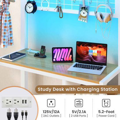 DICTAC | Twin Over Twin Bunk Bed with Study Desk, Storage Drawer, Shelving & Charging Station, LED Metal Frame (White/Black/Pink)