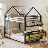 DICTAC | Twin Over Twin House Bunk Bed with Desk, 2 Drawers, Bookshelf & Side Pocket, Low Floor Metal Kids Bunk Bed with Safety Guardrail, Black