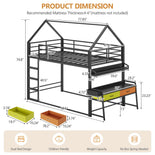 DICTAC | Twin Over Twin House Bunk Bed with Desk, 2 Drawers, Bookshelf & Side Pocket, Low Floor Metal Kids Bunk Bed with Safety Guardrail, Black