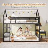 DICTAC | Twin Over Twin House Bunk Bed with Desk, 2 Drawers, Bookshelf & Side Pocket, Low Floor Metal Kids Bunk Bed with Safety Guardrail, Black