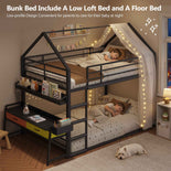 DICTAC | Twin Over Twin House Bunk Bed with Desk, 2 Drawers, Bookshelf & Side Pocket, Low Floor Metal Kids Bunk Bed with Safety Guardrail, Black