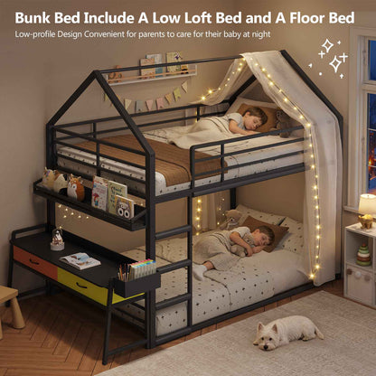DICTAC | Twin Over Twin House Bunk Bed with Desk, 2 Drawers, Bookshelf & Side Pocket, Low Floor Metal Kids Bunk Bed with Safety Guardrail, Black