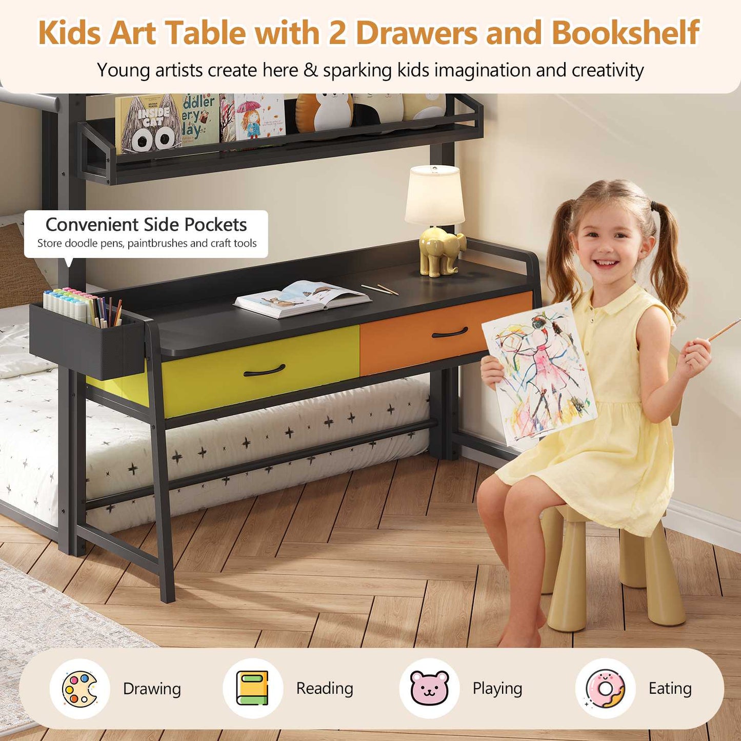 DICTAC | Twin Over Twin House Bunk Bed with Desk, 2 Drawers, Bookshelf & Side Pocket, Low Floor Metal Kids Bunk Bed with Safety Guardrail, Black
