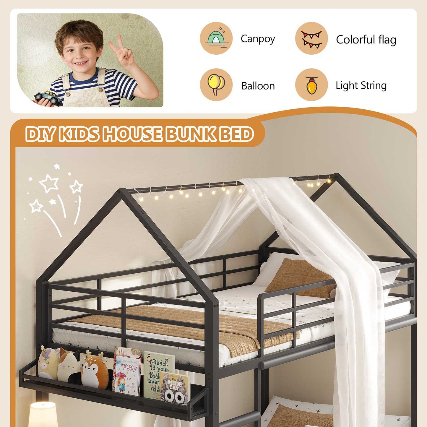 DICTAC | Twin Over Twin House Bunk Bed with Desk, 2 Drawers, Bookshelf & Side Pocket, Low Floor Metal Kids Bunk Bed with Safety Guardrail, Black