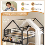 DICTAC | Twin Over Twin House Bunk Bed with Desk, 2 Drawers, Bookshelf & Side Pocket, Low Floor Metal Kids Bunk Bed with Safety Guardrail, Black