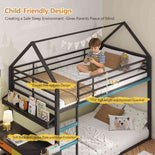 DICTAC | Twin Over Twin House Bunk Bed with Desk, 2 Drawers, Bookshelf & Side Pocket, Low Floor Metal Kids Bunk Bed with Safety Guardrail, Black