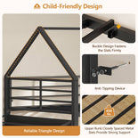 DICTAC | Twin Over Twin House Bunk Bed with Desk, 2 Drawers, Bookshelf & Side Pocket, Low Floor Metal Kids Bunk Bed with Safety Guardrail, Black
