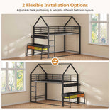 DICTAC | Twin Over Twin House Bunk Bed with Desk, 2 Drawers, Bookshelf & Side Pocket, Low Floor Metal Kids Bunk Bed with Safety Guardrail, Black