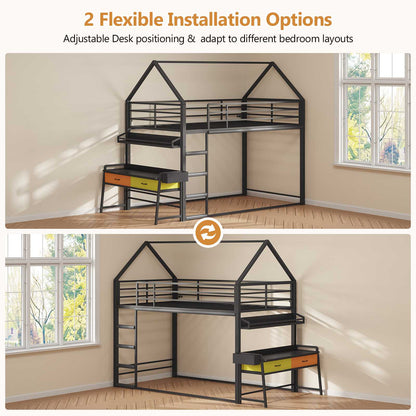 DICTAC | Twin Over Twin House Bunk Bed with Desk, 2 Drawers, Bookshelf & Side Pocket, Low Floor Metal Kids Bunk Bed with Safety Guardrail, Black