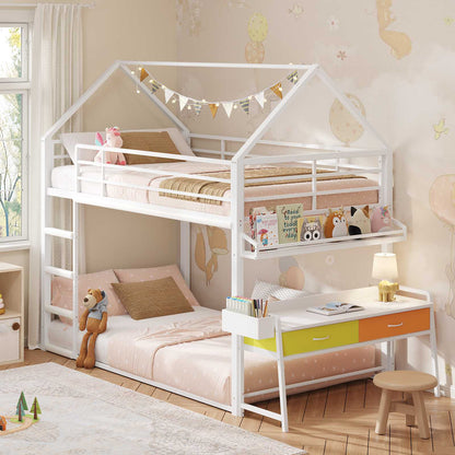 DICTAC | Twin Over Twin House Bunk Bed with Desk, 2 Drawers, Bookshelf & Side Pocket, Low Floor Metal Kids Bunk Bed with Safety Guardrail, Black
