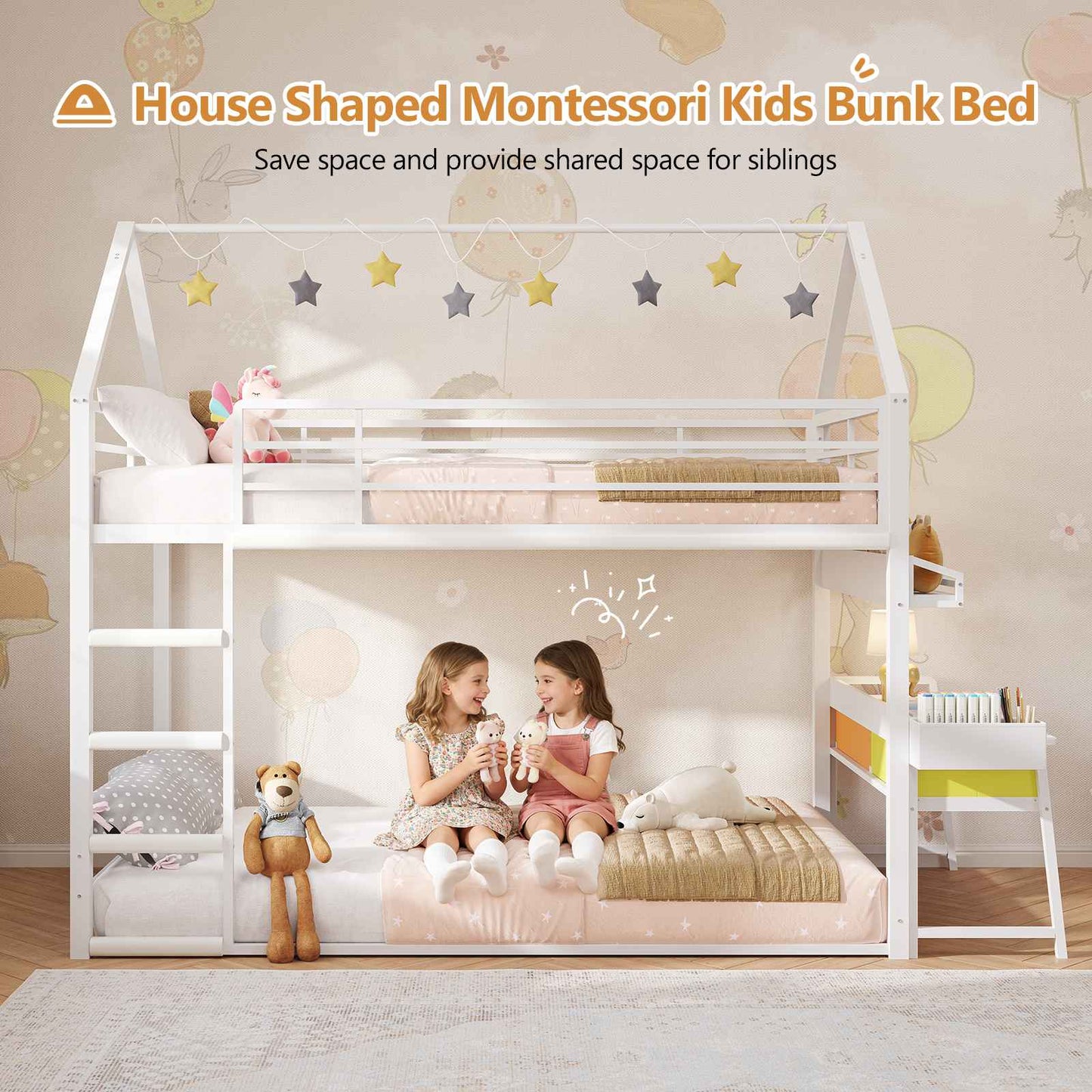 DICTAC | Twin Over Twin House Bunk Bed with Desk, 2 Drawers, Bookshelf & Side Pocket, Low Floor Metal Kids Bunk Bed with Safety Guardrail, Black