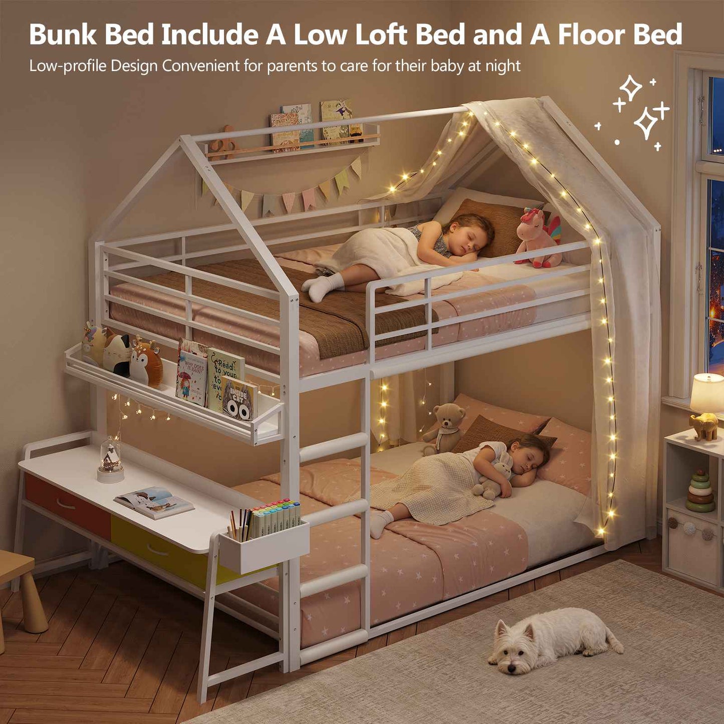 DICTAC | Twin Over Twin House Bunk Bed with Desk, 2 Drawers, Bookshelf & Side Pocket, Low Floor Metal Kids Bunk Bed with Safety Guardrail, Black