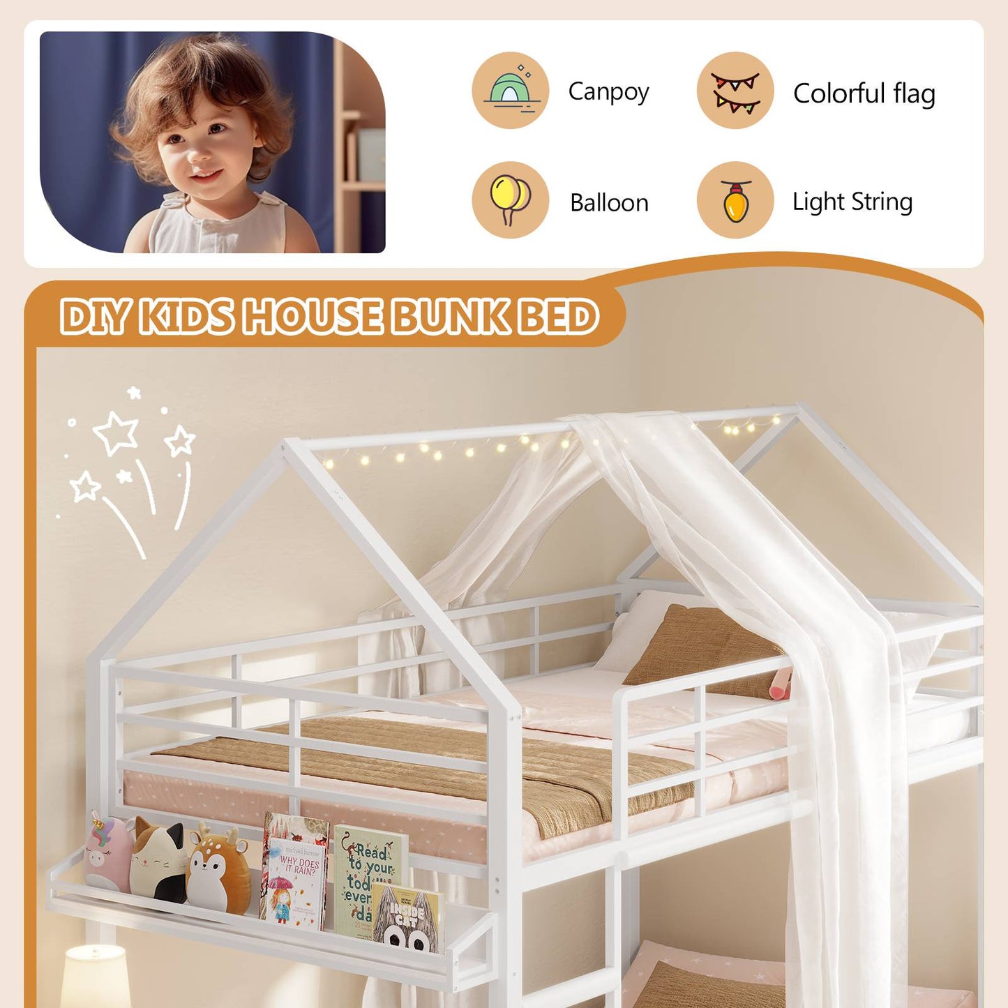 DICTAC | Twin Over Twin House Bunk Bed with Desk, 2 Drawers, Bookshelf & Side Pocket, Low Floor Metal Kids Bunk Bed with Safety Guardrail, Black