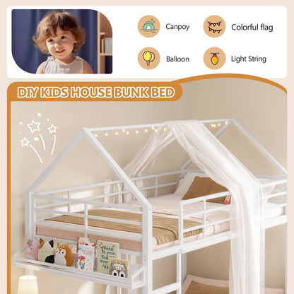 DICTAC | Twin Over Twin House Bunk Bed with Desk, 2 Drawers, Bookshelf & Side Pocket, Low Floor Metal Kids Bunk Bed with Safety Guardrail, Black