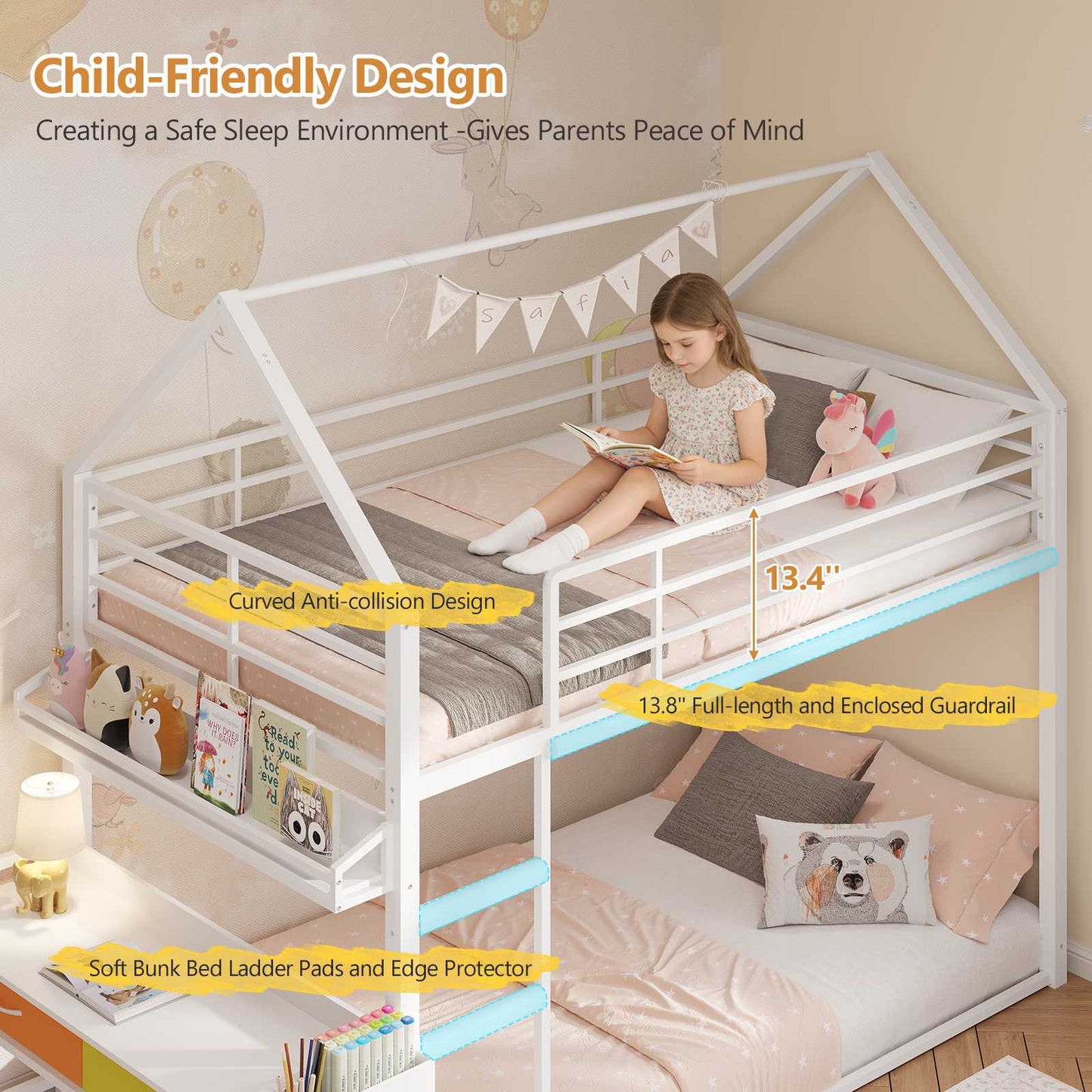 DICTAC | Twin Over Twin House Bunk Bed with Desk, 2 Drawers, Bookshelf & Side Pocket, Low Floor Metal Kids Bunk Bed with Safety Guardrail, Black