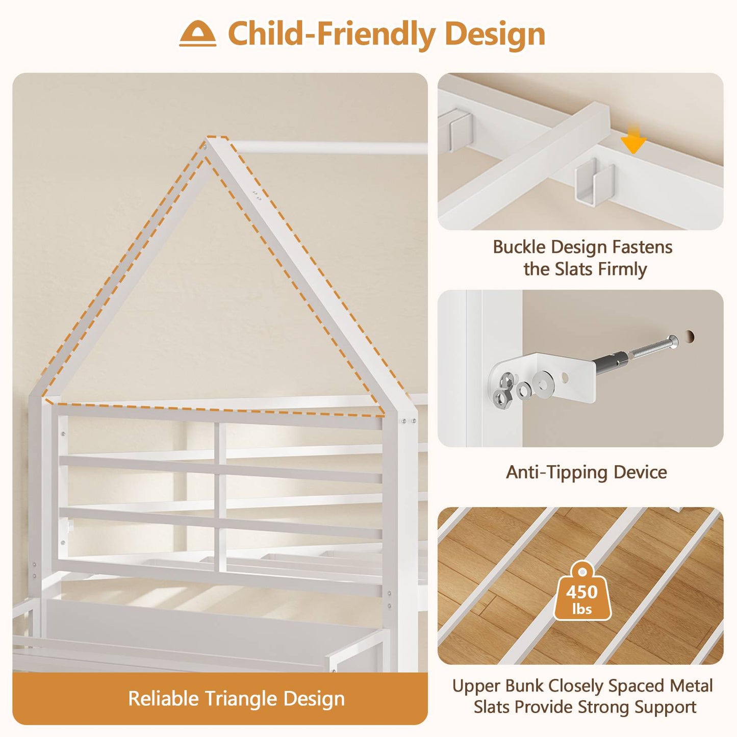 DICTAC | Twin Over Twin House Bunk Bed with Desk, 2 Drawers, Bookshelf & Side Pocket, Low Floor Metal Kids Bunk Bed with Safety Guardrail, Black