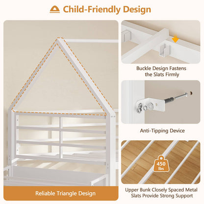 DICTAC | Twin Over Twin House Bunk Bed with Desk, 2 Drawers, Bookshelf & Side Pocket, Low Floor Metal Kids Bunk Bed with Safety Guardrail, Black
