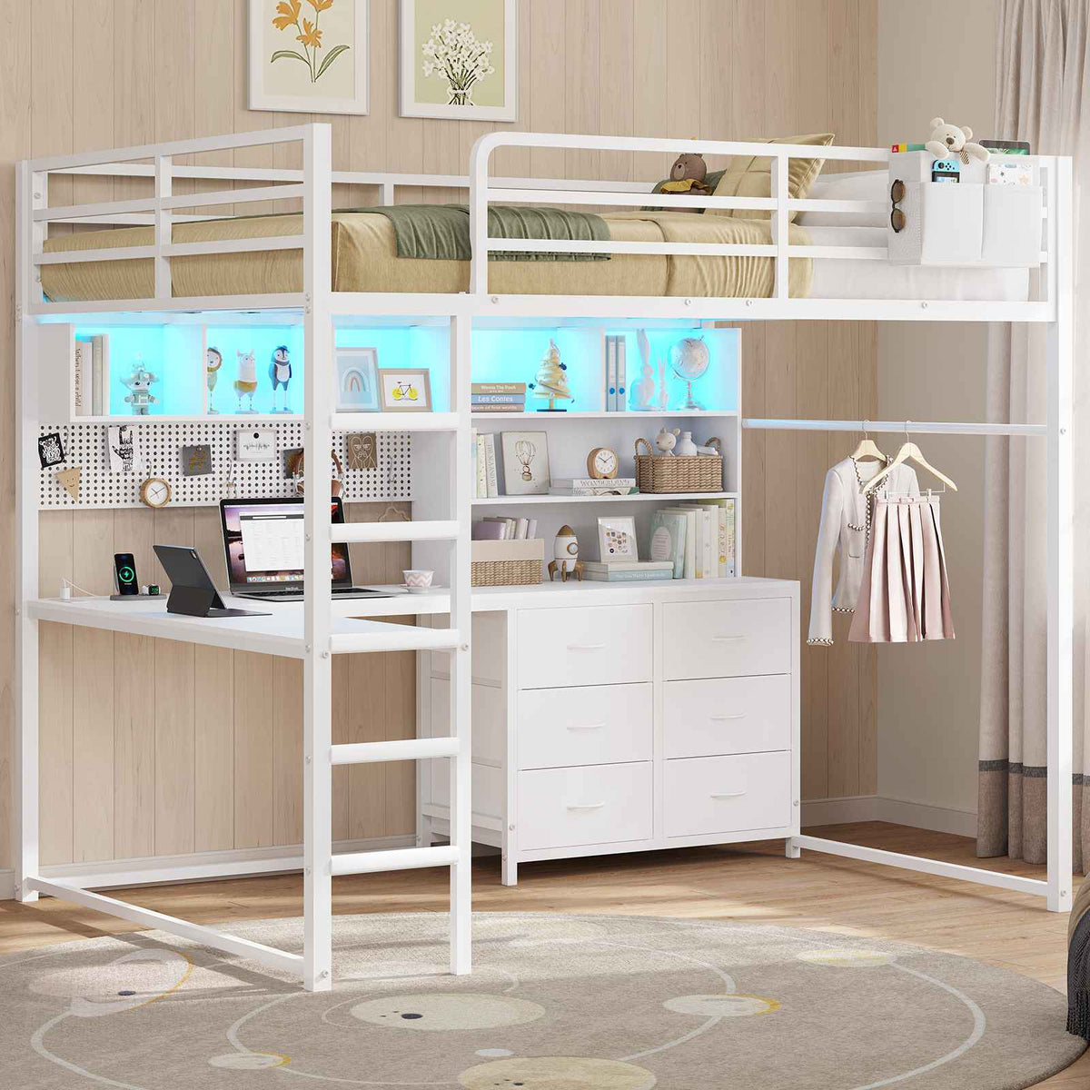 DICTAC | Loft Bed with L-Shaped Desk, Storage Drawers, Shelves & Charging Station, LED Metal Loft Bed (Twin/Full, White)