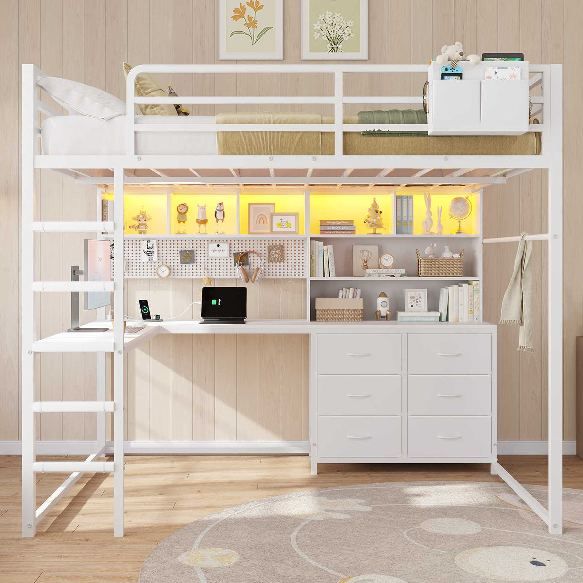 DICTAC | Loft Bed with L-Shaped Desk, Storage Drawers, Shelves & Charging Station, LED Metal Loft Bed (Twin/Full, White)