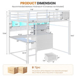 DICTAC | Loft Bed with L-Shaped Desk, Storage Drawers, Shelves & Charging Station, LED Metal Loft Bed (Twin/Full, White)