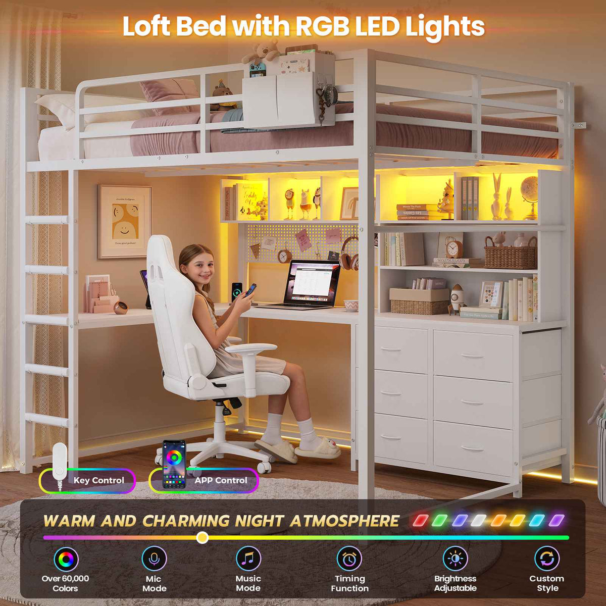 DICTAC | Loft Bed with L-Shaped Desk, Storage Drawers, Shelves & Charging Station, LED Metal Loft Bed (Twin/Full, White)