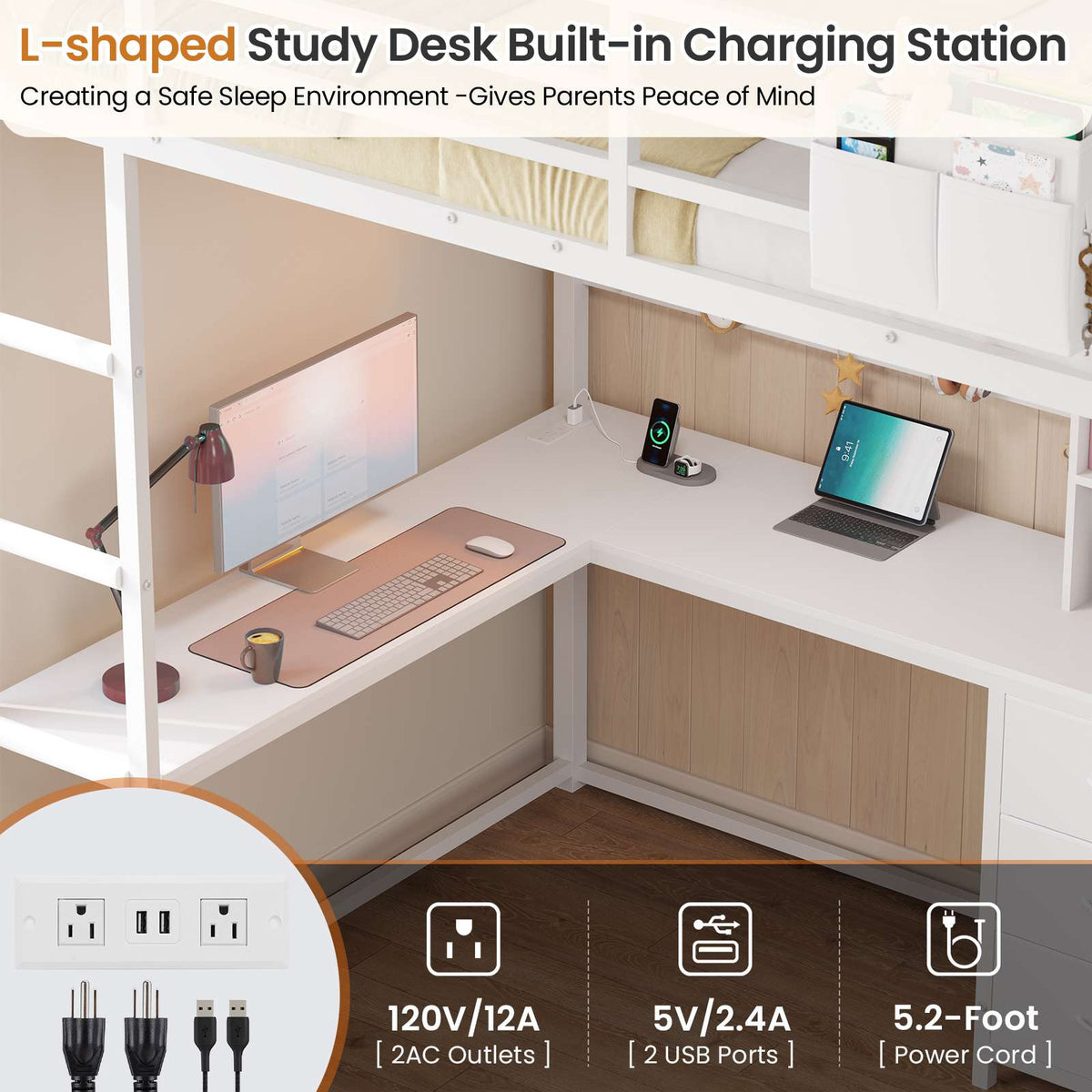 DICTAC | Loft Bed with L-Shaped Desk, Storage Drawers, Shelves & Charging Station, LED Metal Loft Bed (Twin/Full, White)
