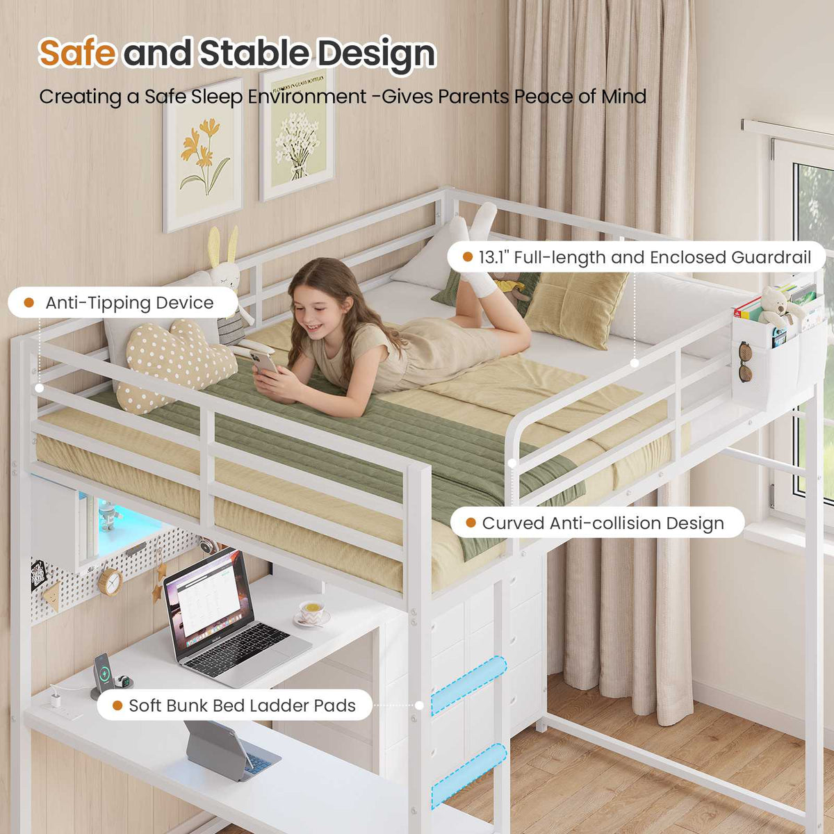 DICTAC | Loft Bed with L-Shaped Desk, Storage Drawers, Shelves & Charging Station, LED Metal Loft Bed (Twin/Full, White)