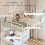 DICTAC | Loft Bed with L-Shaped Desk, Storage Drawers, Shelves & Charging Station, LED Metal Loft Bed (Twin/Full, White)