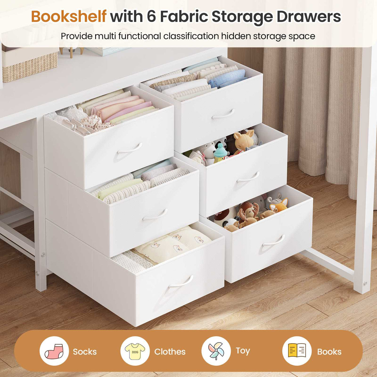 DICTAC | Loft Bed with L-Shaped Desk, Storage Drawers, Shelves & Charging Station, LED Metal Loft Bed (Twin/Full, White)