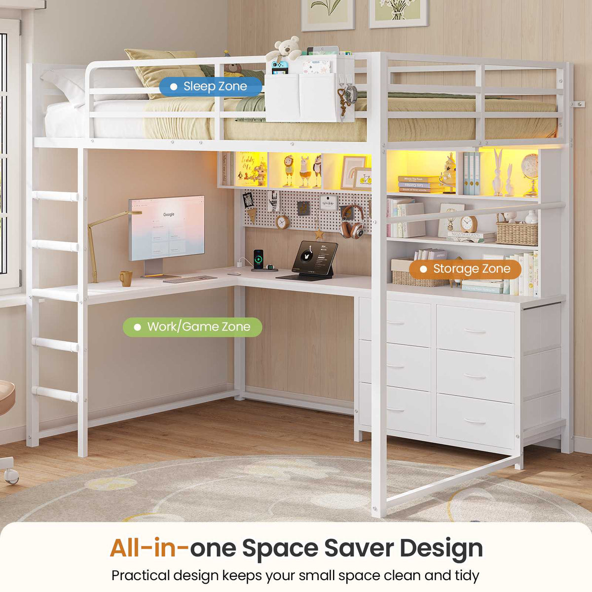 DICTAC | Loft Bed with L-Shaped Desk, Storage Drawers, Shelves & Charging Station, LED Metal Loft Bed (Twin/Full, White)