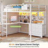 DICTAC | Loft Bed with L-Shaped Desk, Storage Drawers, Shelves & Charging Station, LED Metal Loft Bed (Twin/Full, White)
