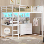 DICTAC | Loft Bed with L-Shaped Desk, Storage Drawers, Shelves & Charging Station, LED Metal Loft Bed (Twin/Full, White)