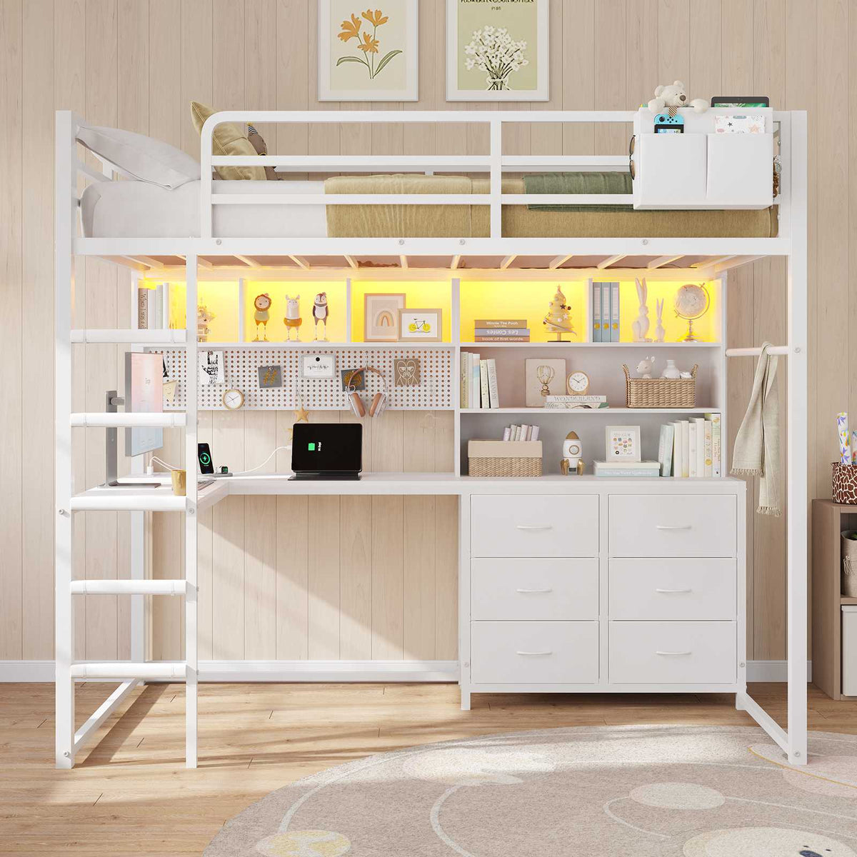 DICTAC | Loft Bed with L-Shaped Desk, Storage Drawers, Shelves & Charging Station, LED Metal Loft Bed (Twin/Full, White)
