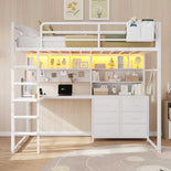 DICTAC | Loft Bed with L-Shaped Desk, Storage Drawers, Shelves & Charging Station, LED Metal Loft Bed (Twin/Full, White)