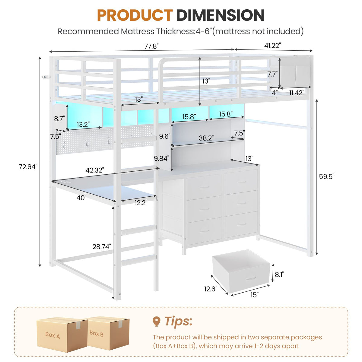 DICTAC | Loft Bed with L-Shaped Desk, Storage Drawers, Shelves & Charging Station, LED Metal Loft Bed (Twin/Full, White)