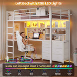 DICTAC | Loft Bed with L-Shaped Desk, Storage Drawers, Shelves & Charging Station, LED Metal Loft Bed (Twin/Full, White)