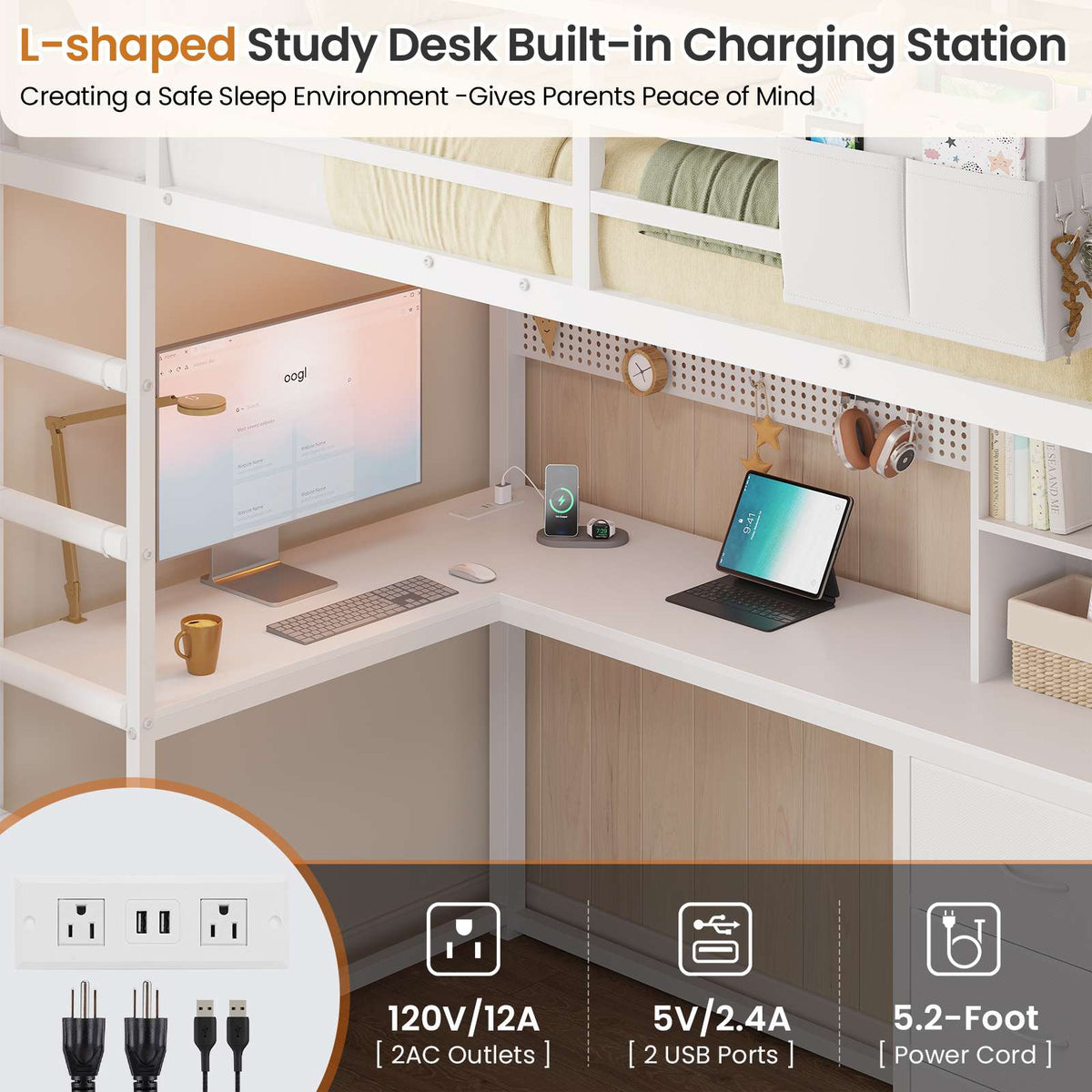DICTAC | Loft Bed with L-Shaped Desk, Storage Drawers, Shelves & Charging Station, LED Metal Loft Bed (Twin/Full, White)